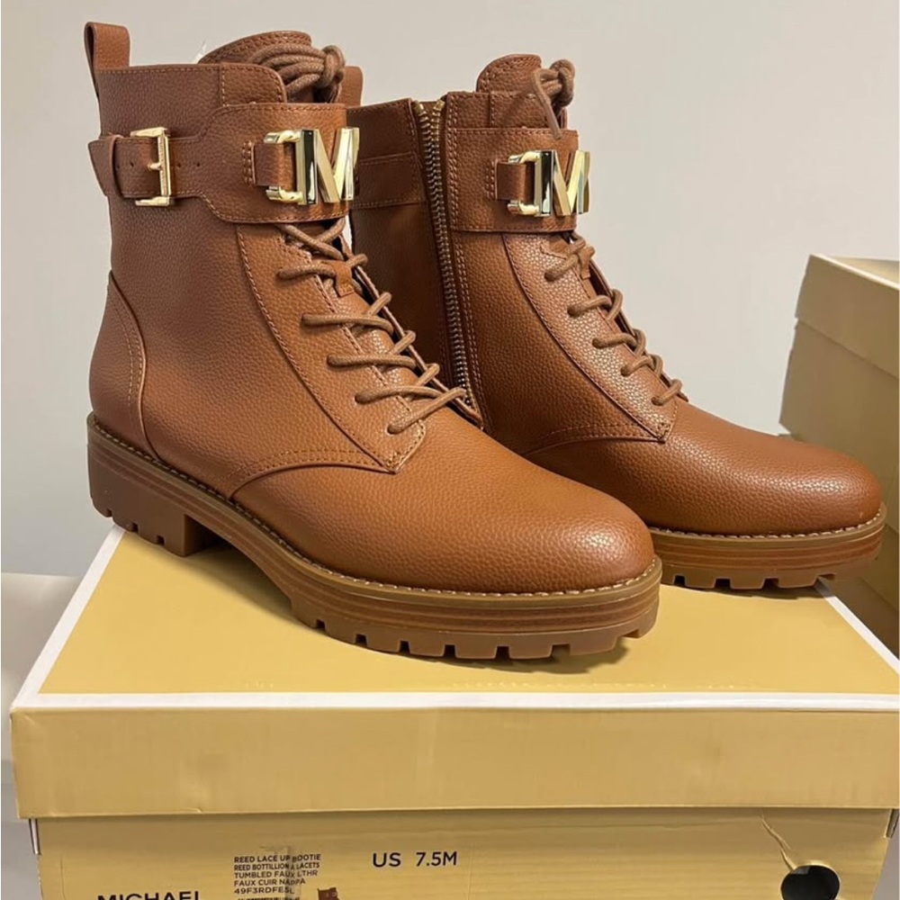 Michael Kors Brown Leather Ankle Boots with Gold Accents